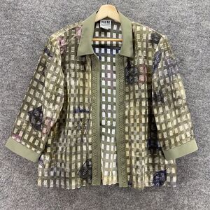 R&M Richards Shirt Women 14 Green Plaid Open Front Collared 3/4 Sleeve Casual